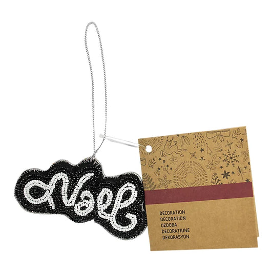 Black & white Embroidered effect Noel Glass Hanging ornament