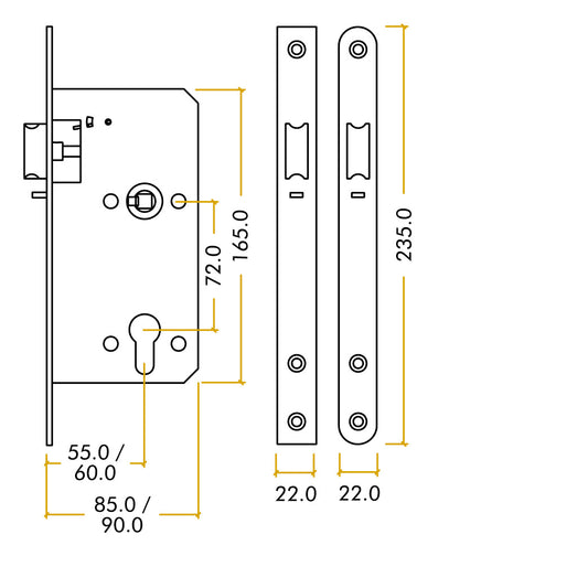 ZDL7260NLSS Din night latch - 72mm c/c - backset 60mm